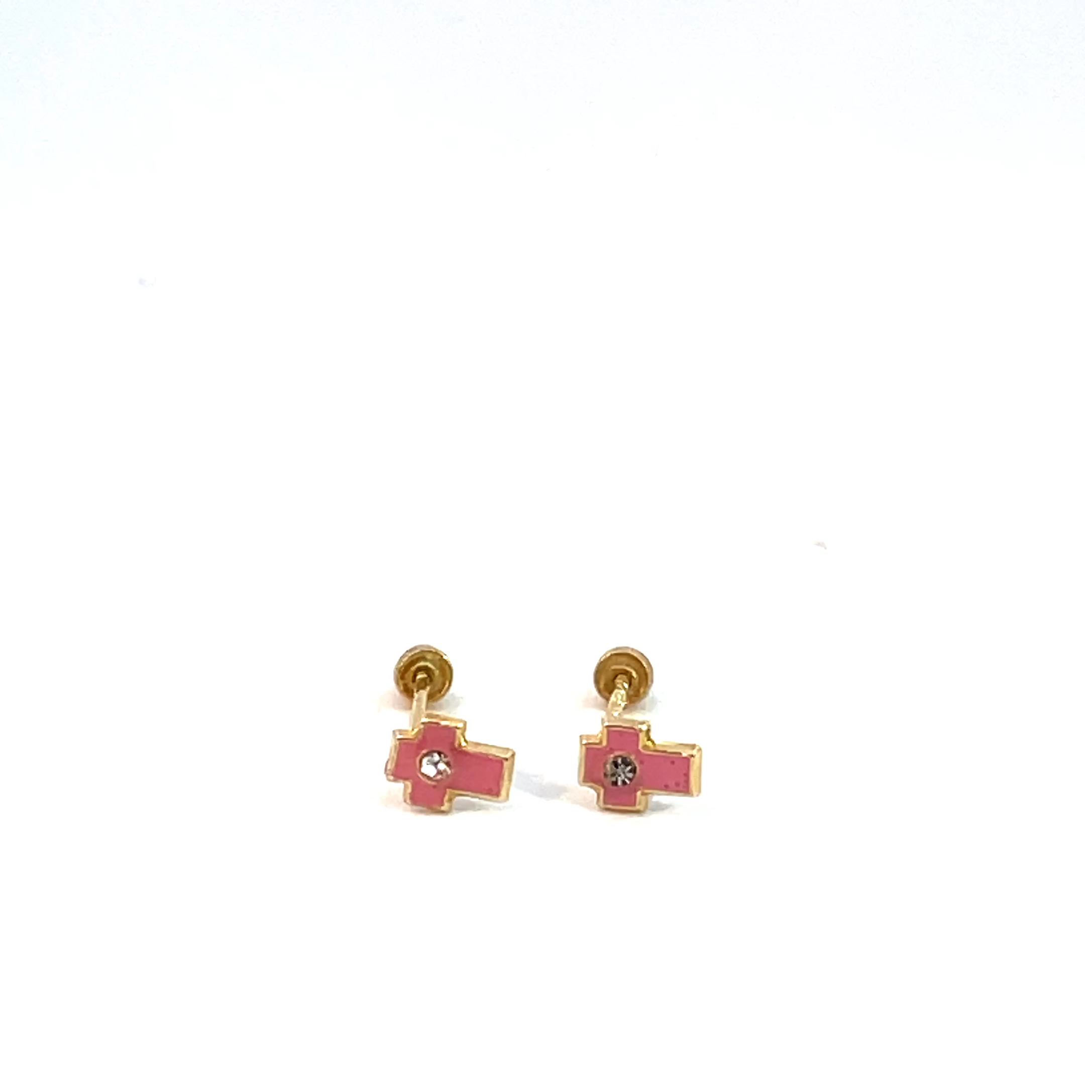 Broquel de oro 10k Cruz rosa con piedra 4mm