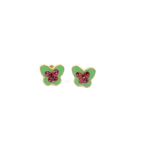 Broquel de oro 10k Mariposa verde con piedras 5mm