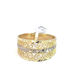 Anillo de oro 10k Bicolor con filigrana y acabado diamantado