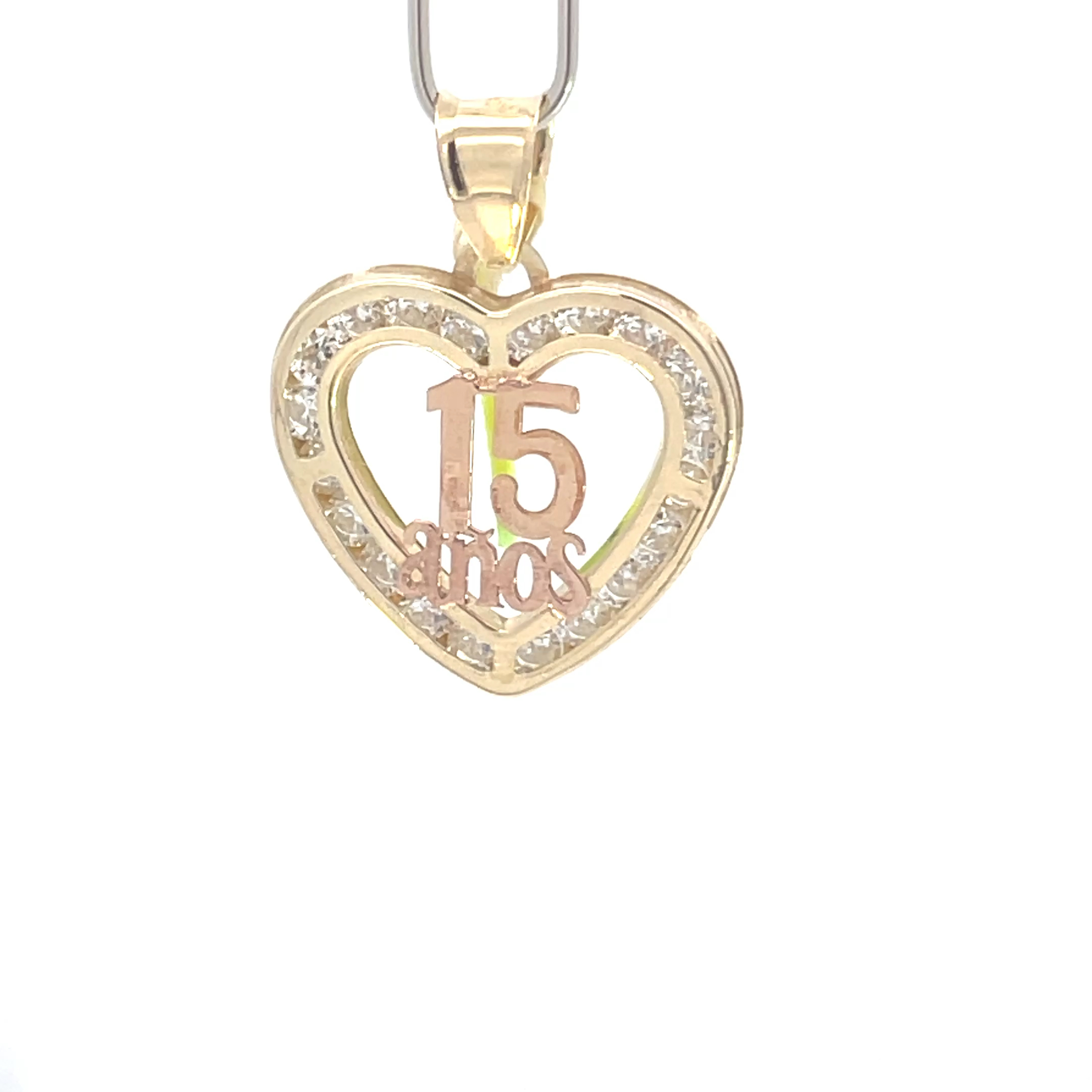 Dije de oro 10k Corazón calado 15 años con piedras - Imagen 2