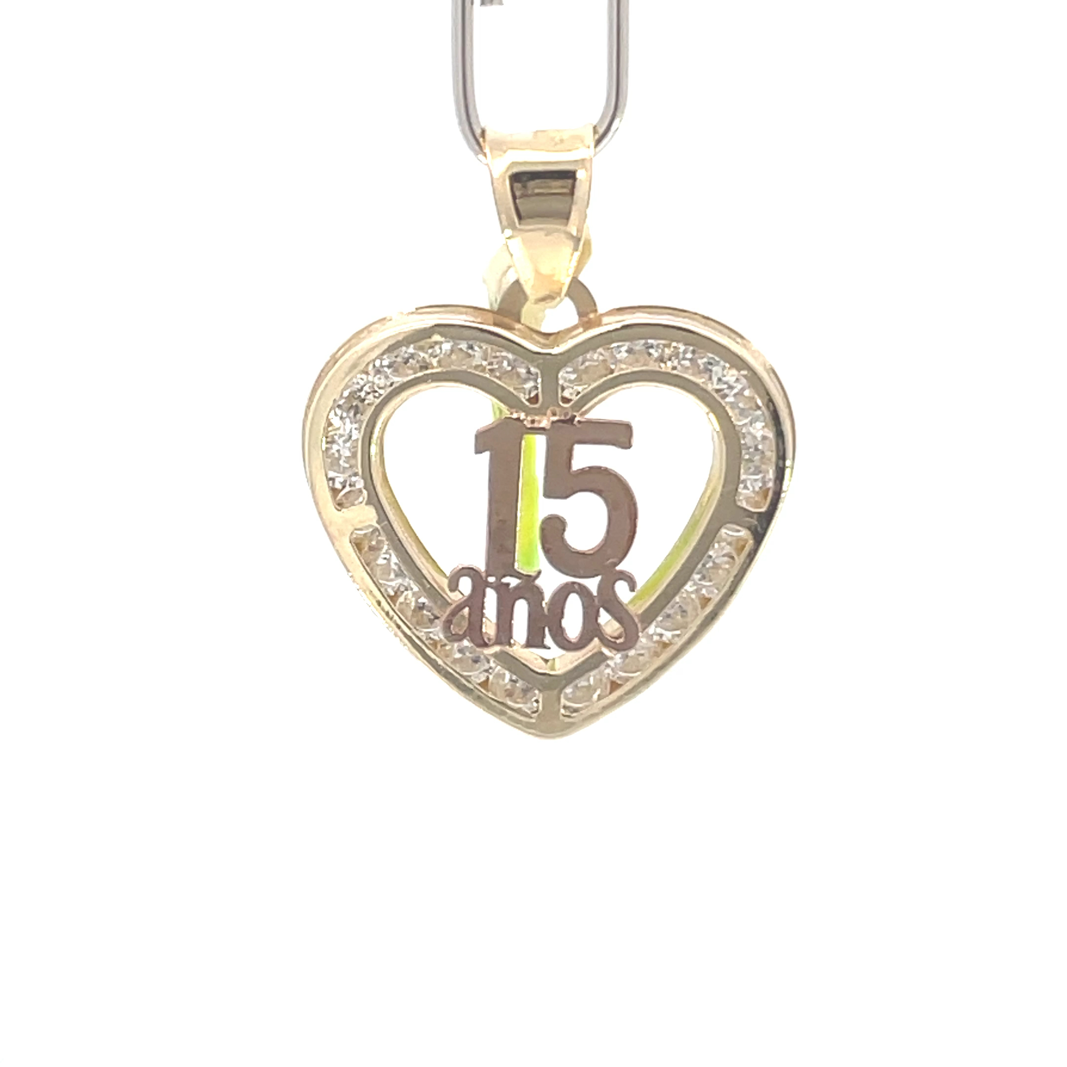 Dije de oro 10k Corazón calado 15 años con piedras
