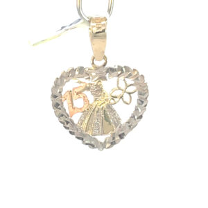 Dije de oro 10k Corazón calado vestido, flor y 15