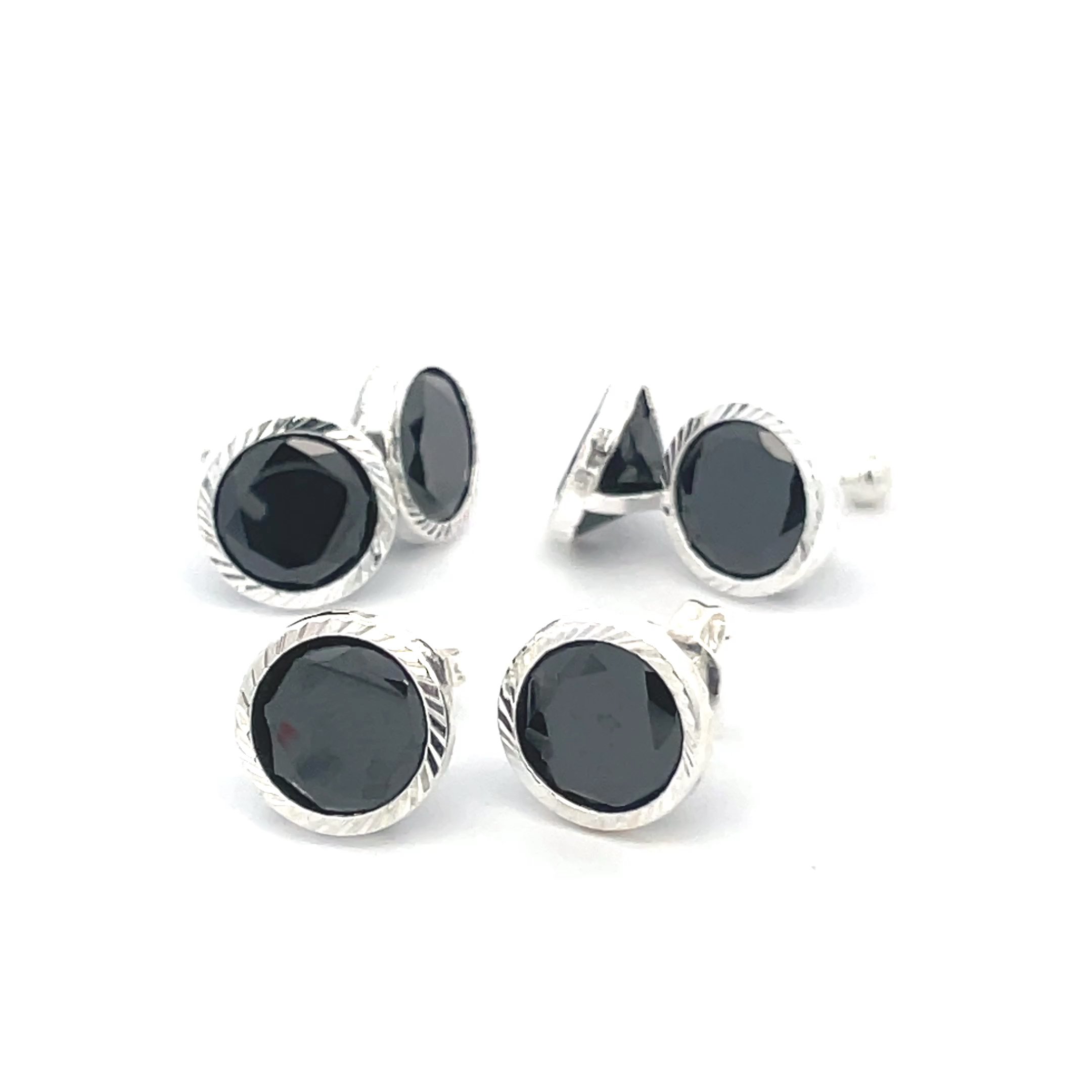 Broquel de plata Bisel facetado con piedra redonda negra 9mm - Imagen 2