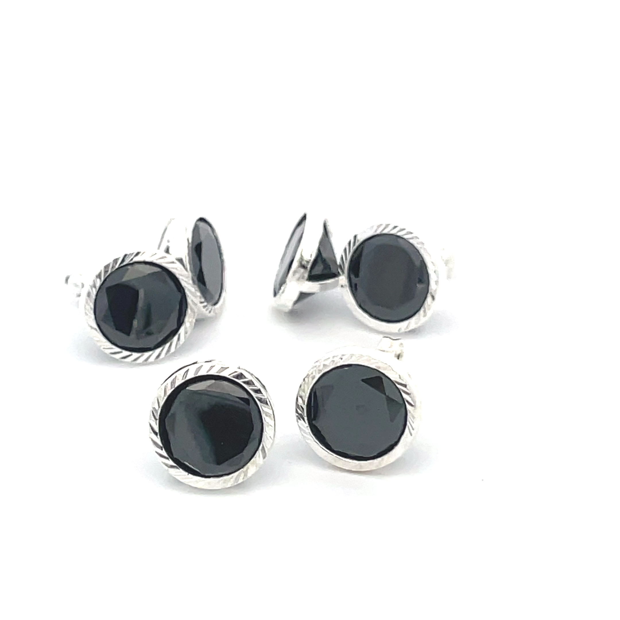 Broquel de plata Bisel facetado con piedra redonda negra 9mm - Imagen 3