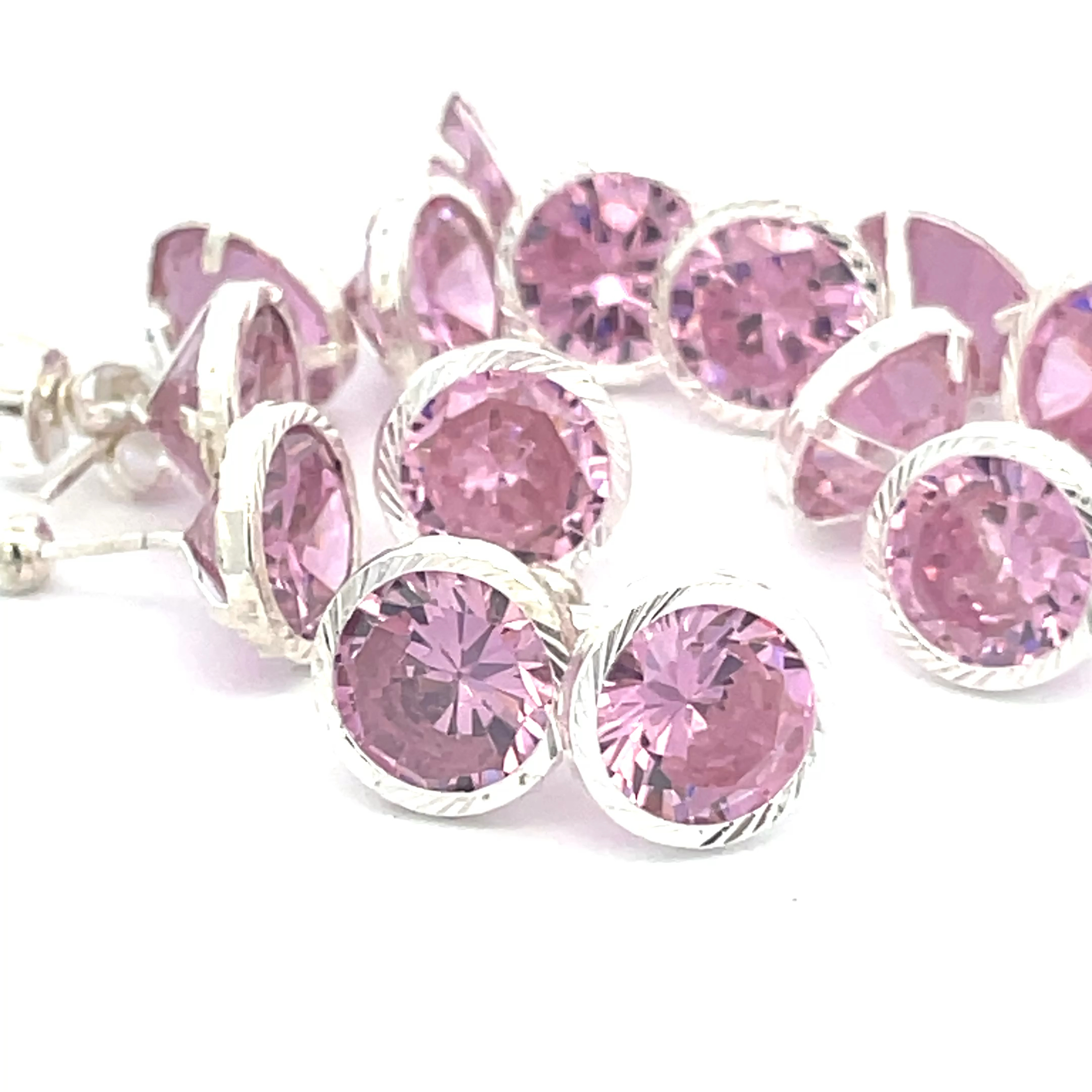 Broquel de plata Bisel facetado con piedra redonda rosa 9mm - Imagen 2