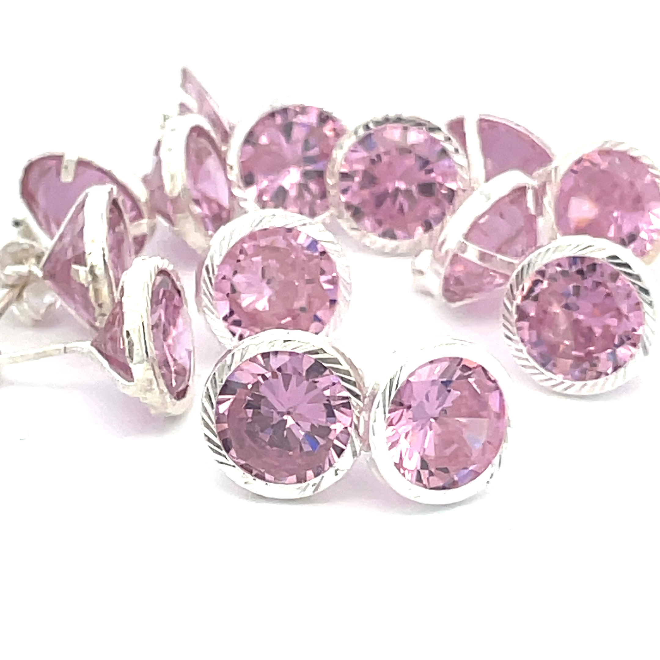 Broquel de plata Bisel facetado con piedra redonda rosa 9mm - Imagen 3