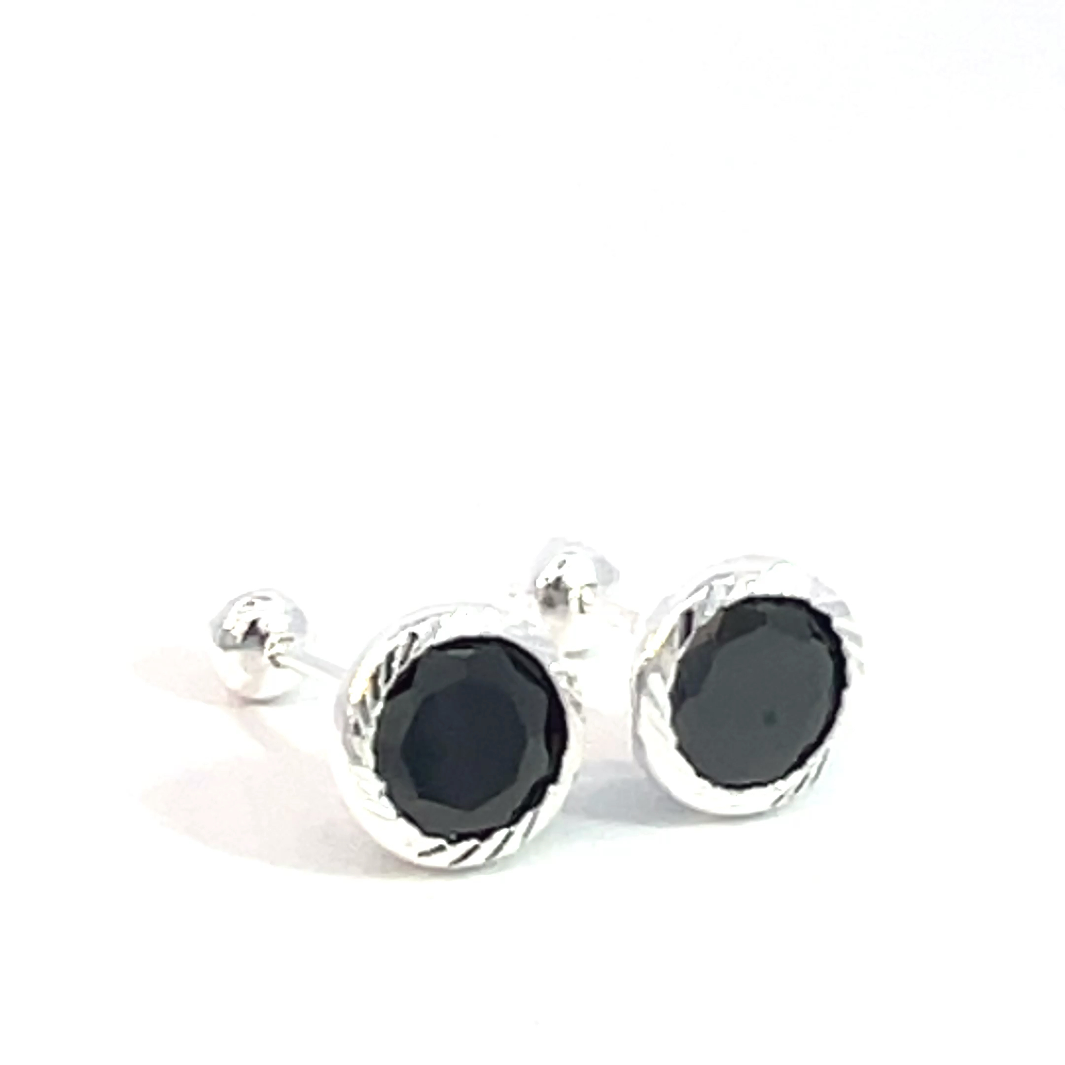 Broquel de plata Bisel facetado con piedra redonda negra 6mm - Imagen 2