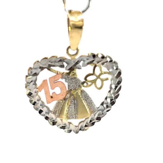 Dije oro 10k Corazón calado, vestido, flor y 15