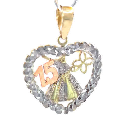 Dije oro 10k Corazón calado, vestido, flor y 15 - Imagen 2