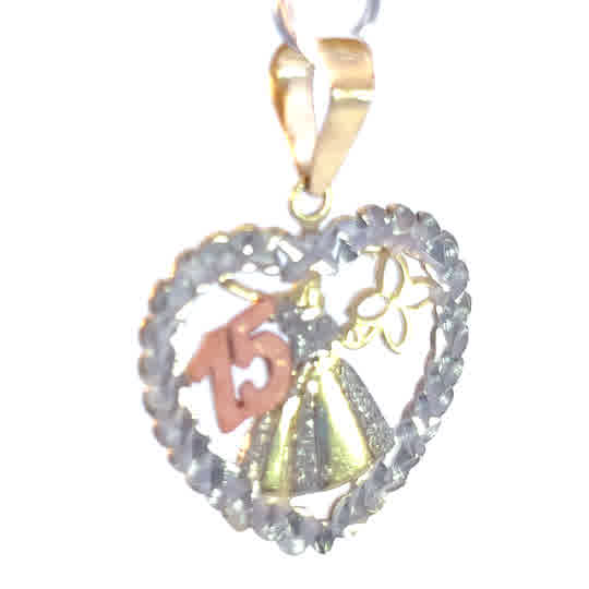 Dije oro 10k Corazón calado, vestido, flor y 15 - Imagen 4