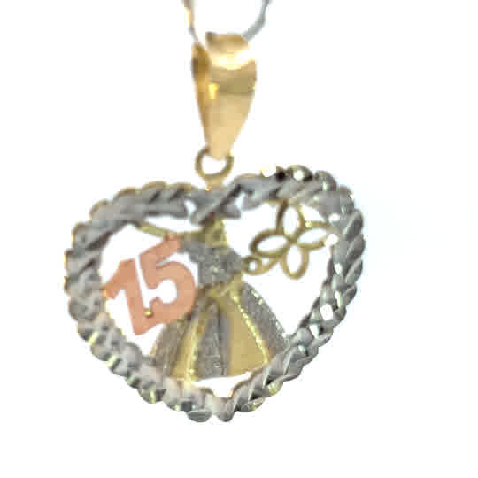 Dije oro 10k Corazón calado, vestido, flor y 15 - Imagen 3