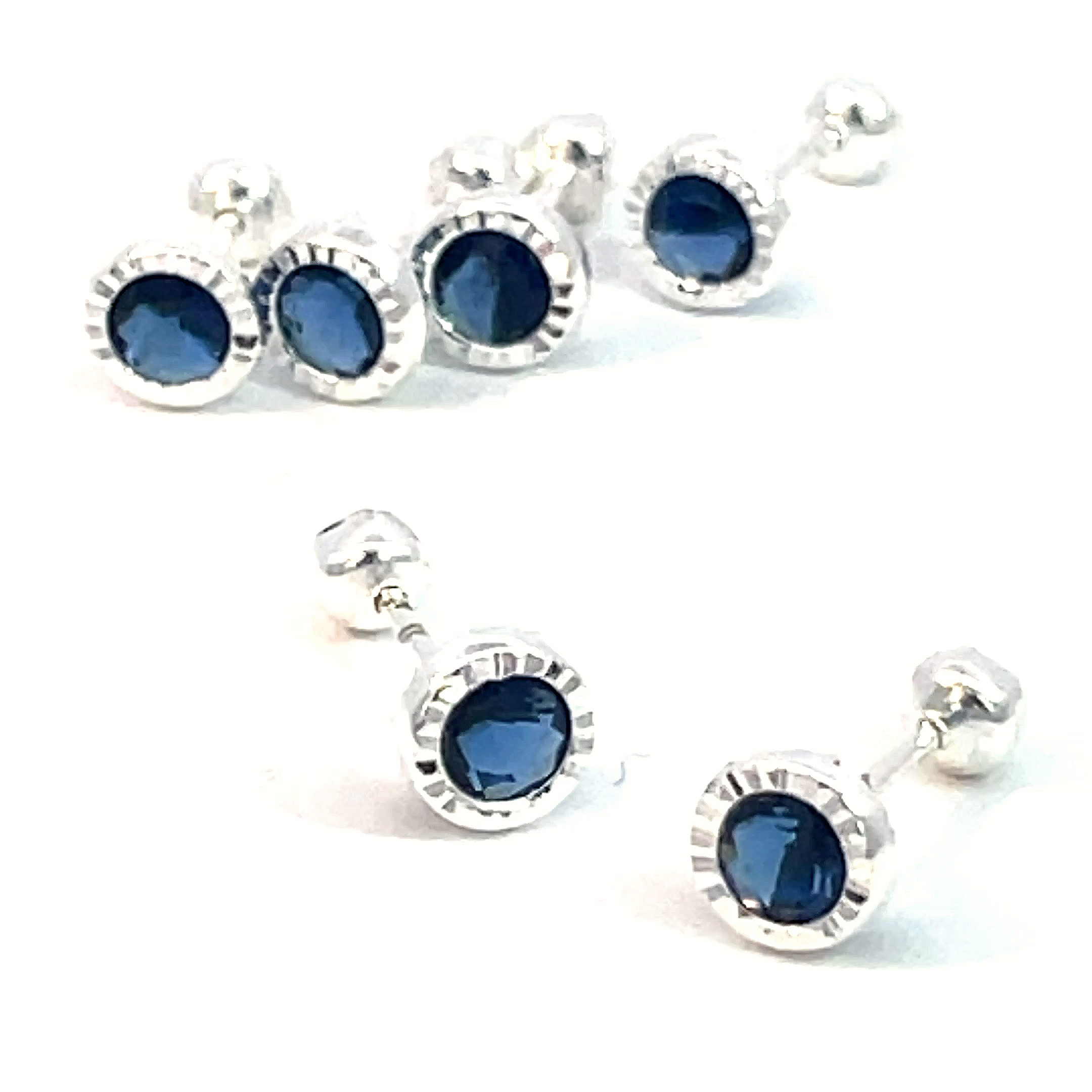 Broquel de plata Bisel facetado con piedra redonda azul 4mm - Imagen 2