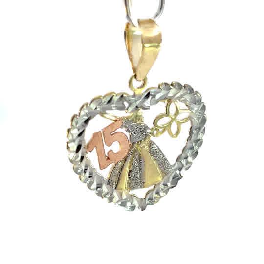 Dije oro 10k Corazón calado, vestido, flor y 15 - Imagen 5