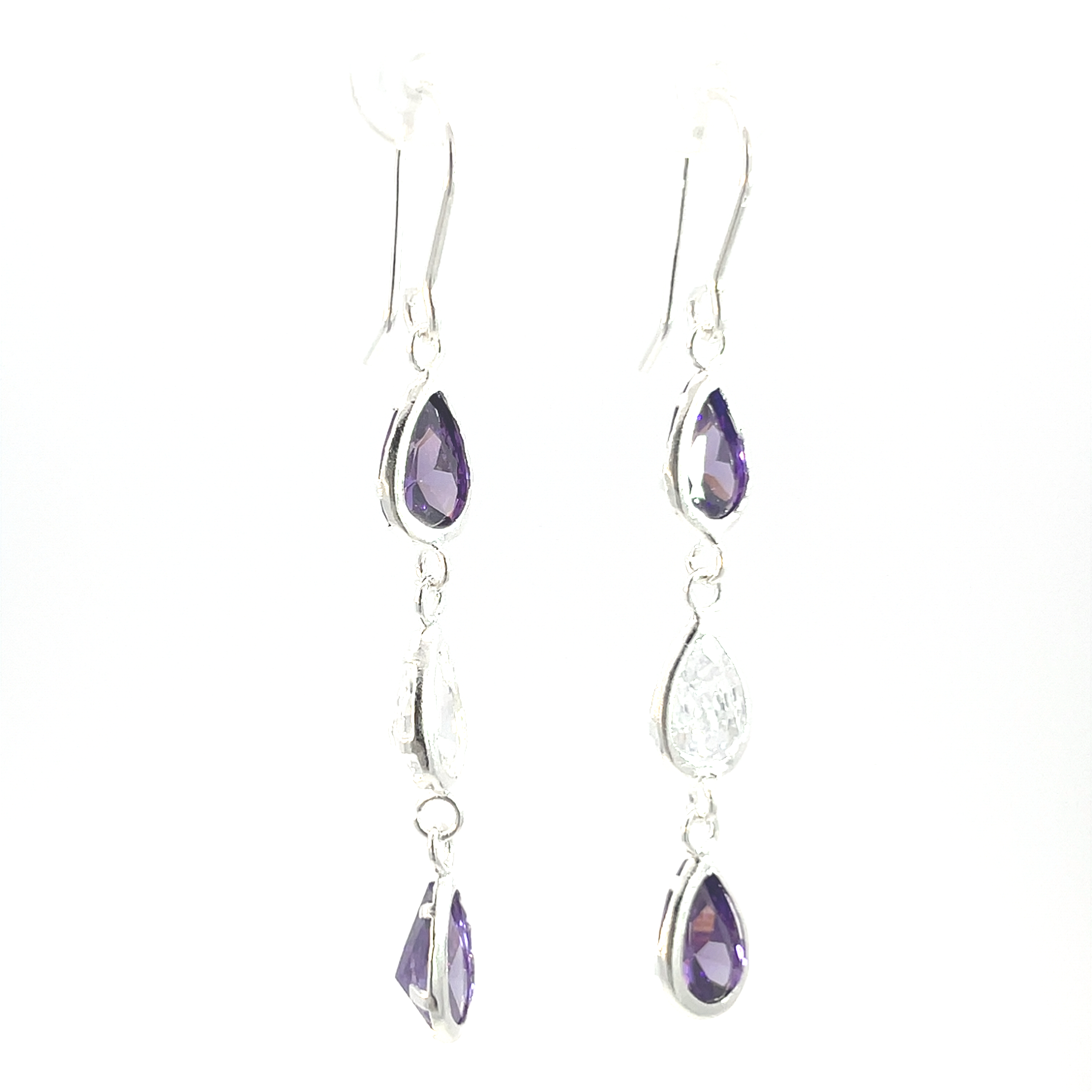 Aretes de plata pendientes con 3 piedras gotas c/violeta - Imagen 3