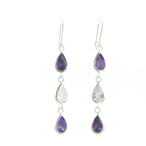 Aretes de plata pendientes con 3 piedras gotas c/violeta