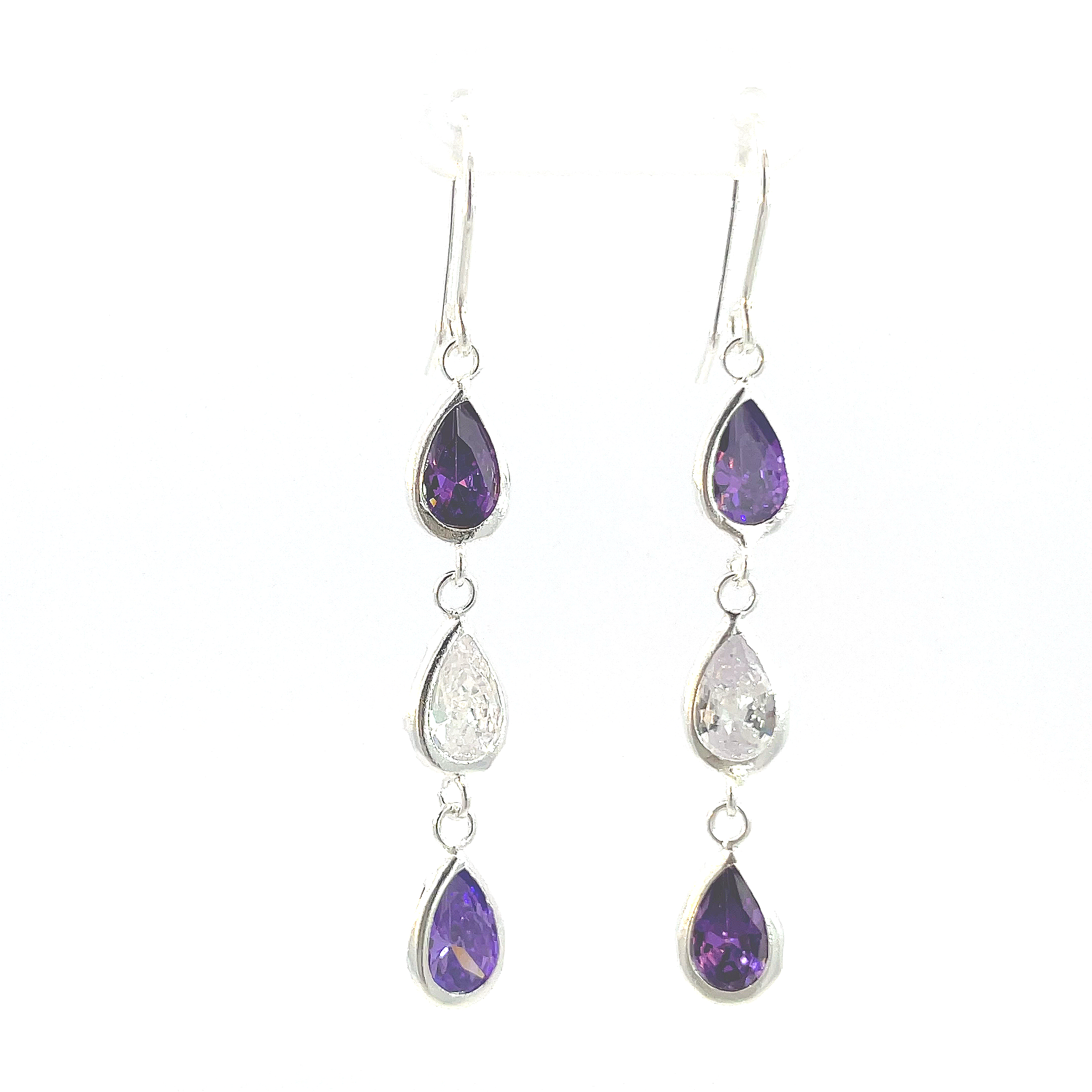 Aretes de plata pendientes con 3 piedras gotas c/violeta