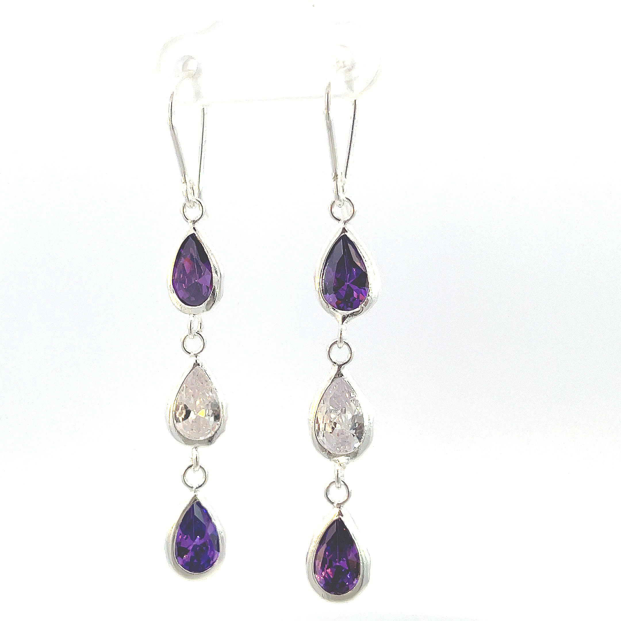 Aretes de plata pendientes con 3 piedras gotas c/violeta - Imagen 2