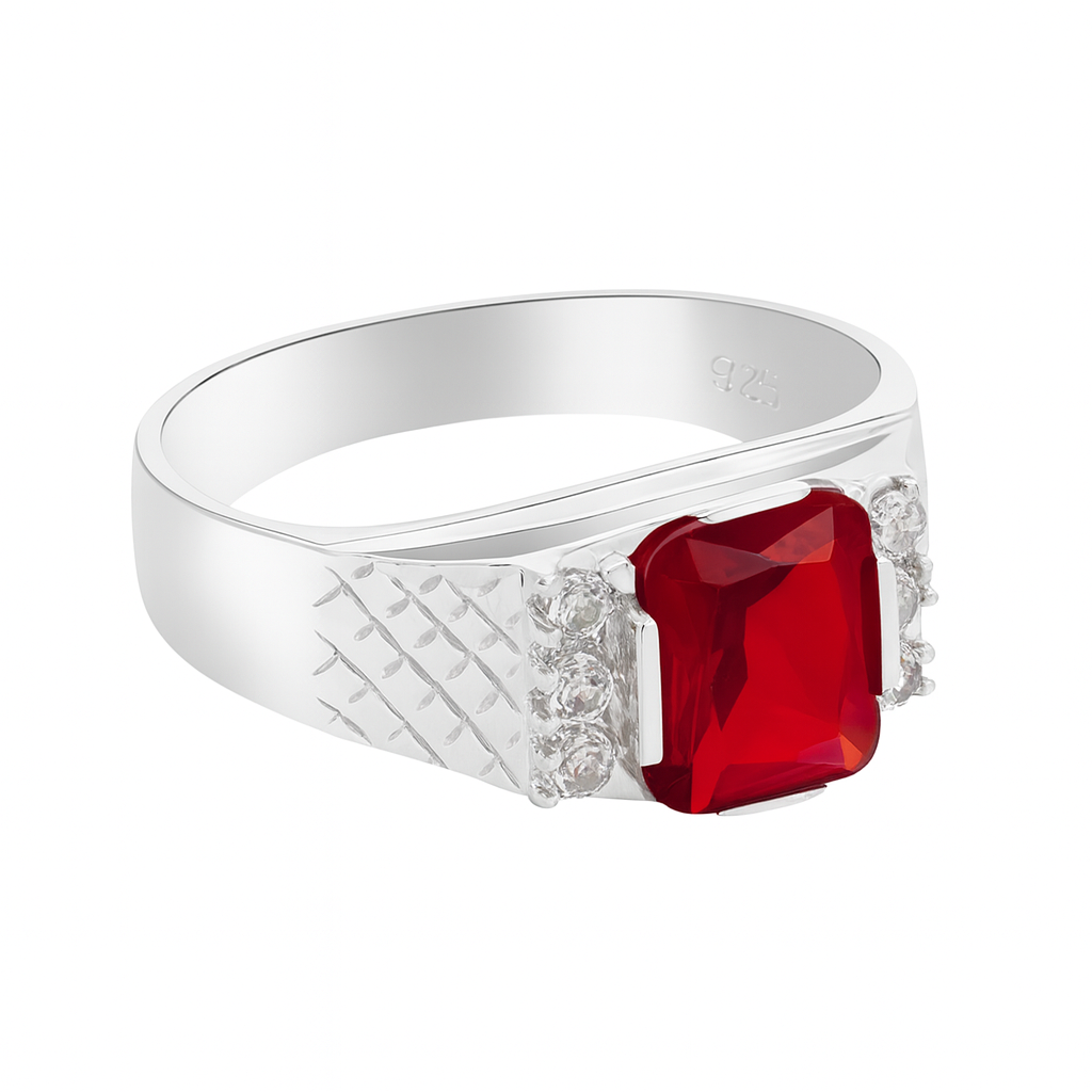 Anillo plata .925 Caballero piedra central rectangular roja - Imagen 3