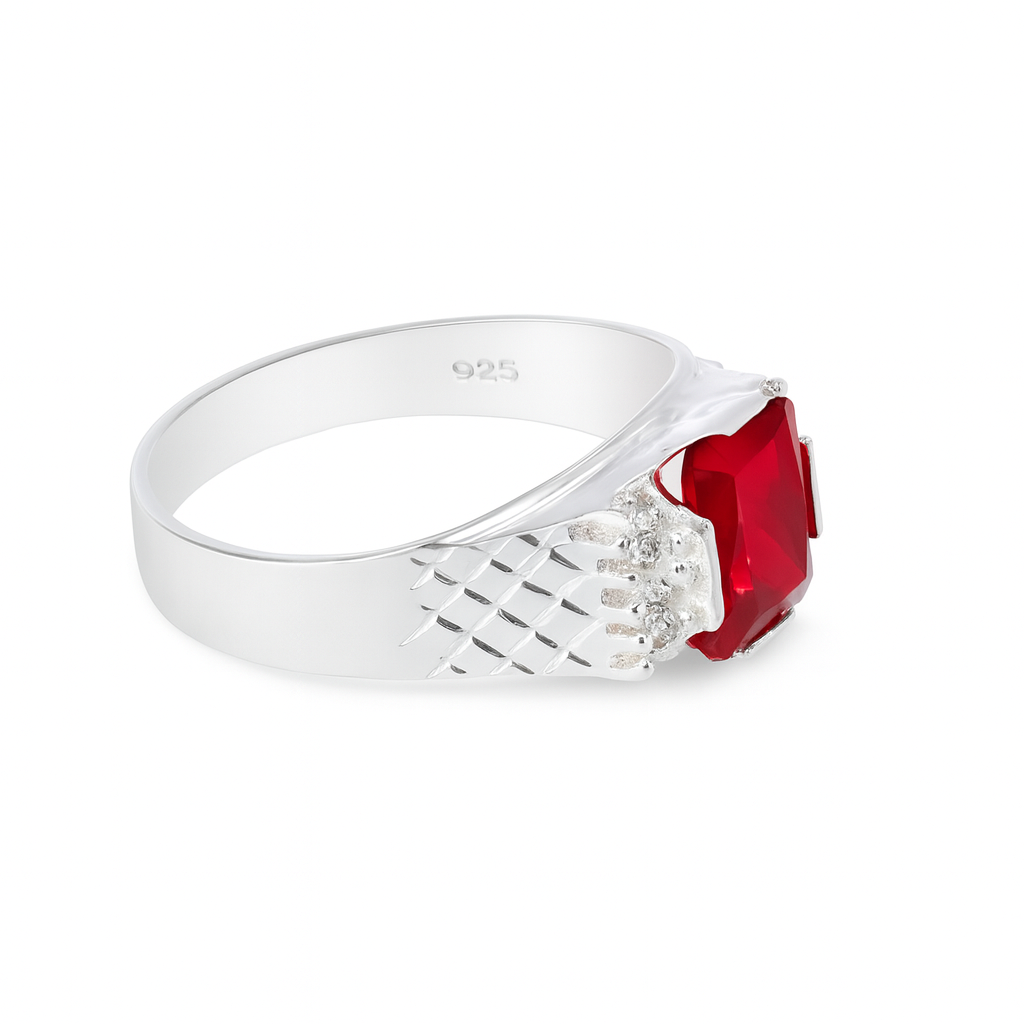 Anillo plata .925 Caballero piedra central rectangular roja - Imagen 2